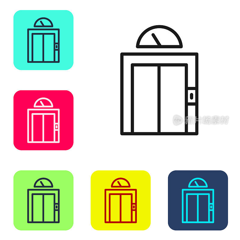 Black line Lift icon isolated on white background. Elevator symbol. Set icons in color square buttons. Vector